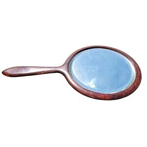 Antique Hand Held Wooden Mirror with Beveled Glass Heavy